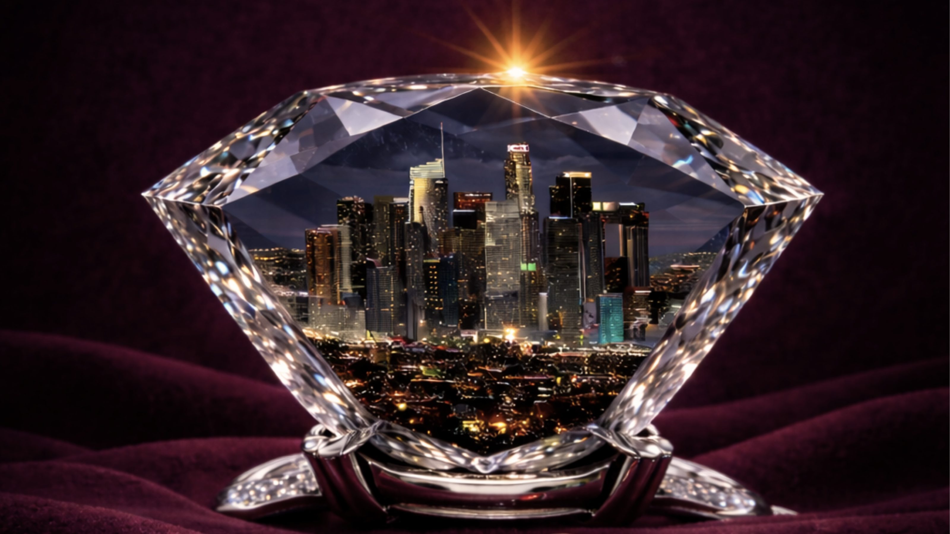 A brilliant-cut diamond holding the Los Angeles skyline, resting on burgundy velvet